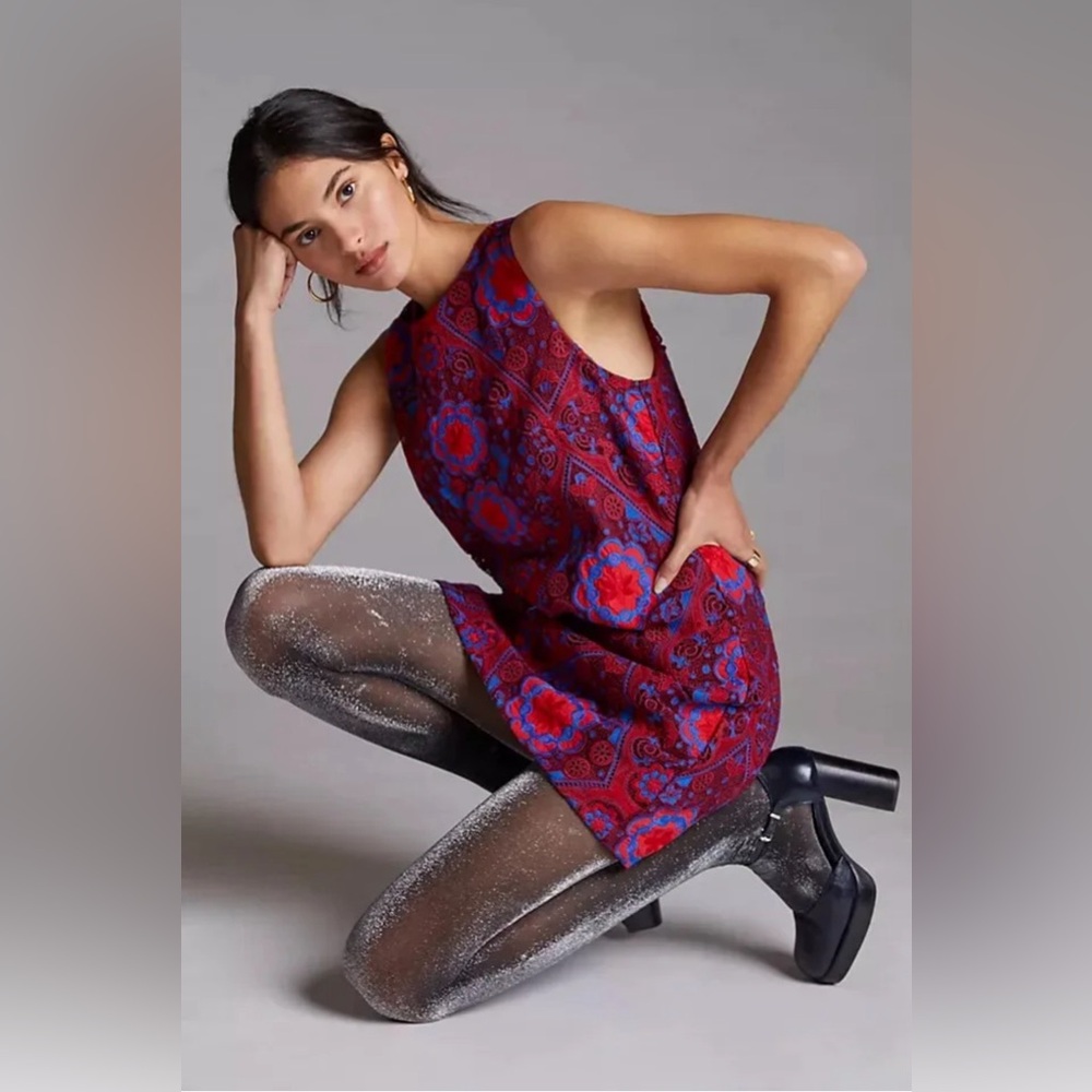 🆕 Eva Franco Anthropologie Eyelet Lace Floral Shift Dress Colorful Party Chic